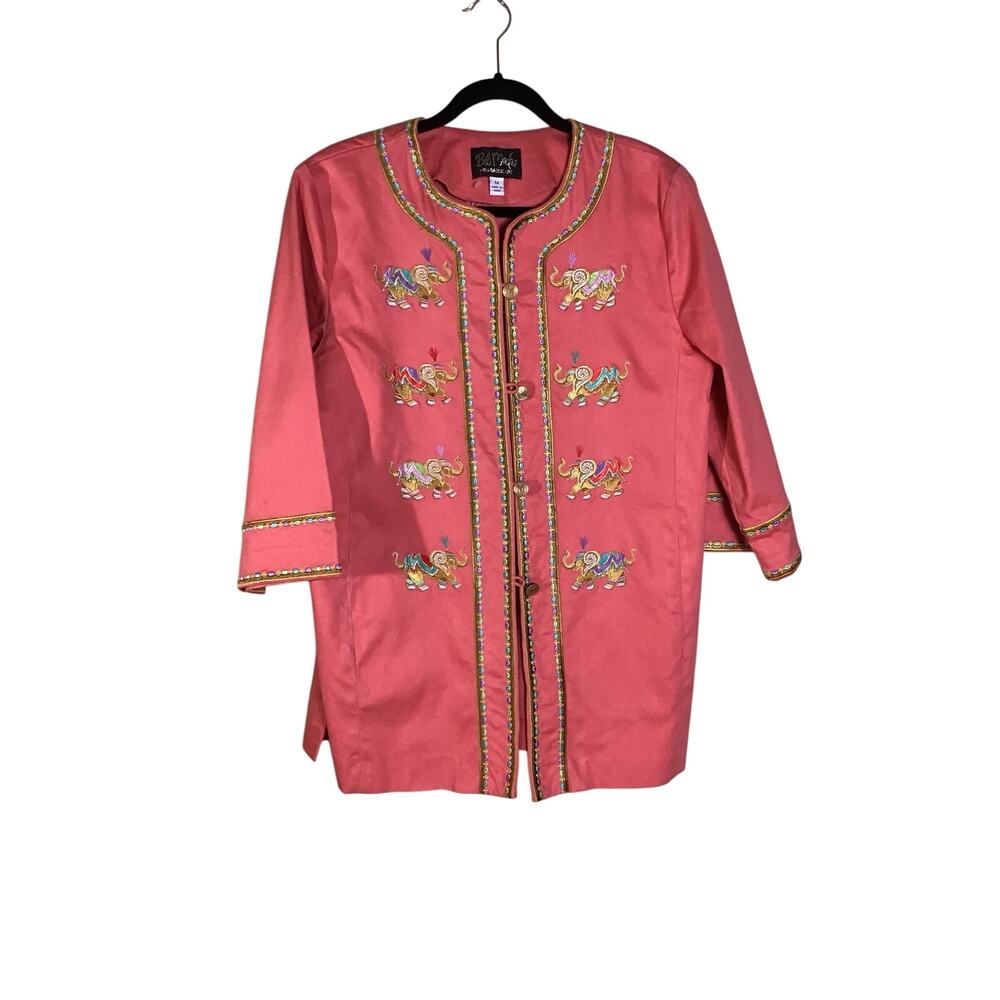 Bob Mackie Pink open-front jacket embroidered elephant motifs decorated trim Med